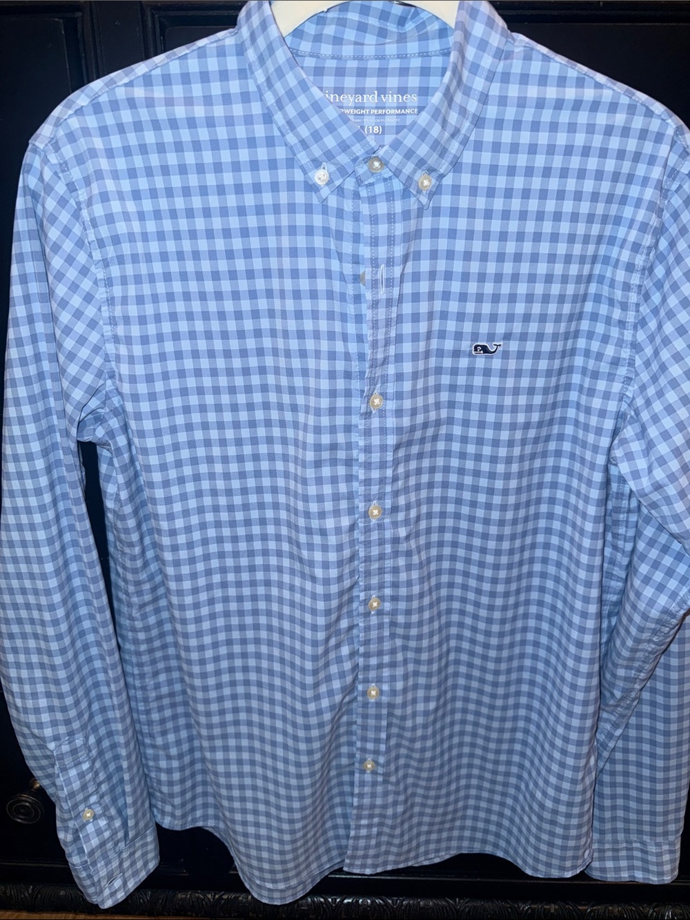 Vineyard Vines Light Blue Gingham Button-Down Shirt. Featherweight performance